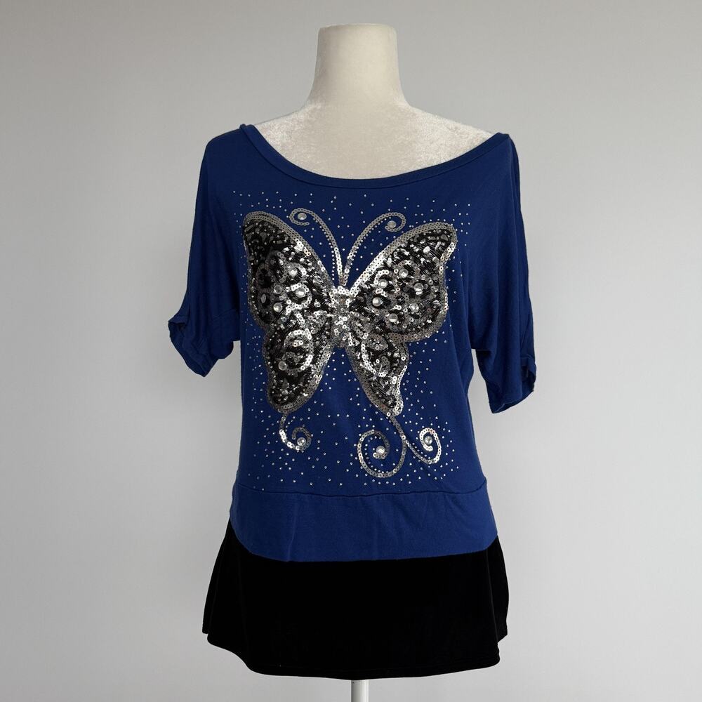 Lalin T Shirt Womens One Size Blue Sequin Rhinestone Butterfly Cropped Top